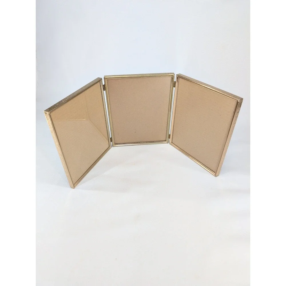 Vintage Triple Folding Picture Frame Gold Metal Beaded Floral 8x10 Triptych